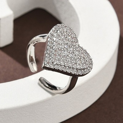 Heart Brass Micro Pave Cubic Zirconia Cuff Rings for Women RJEW-A069-12P-02-1