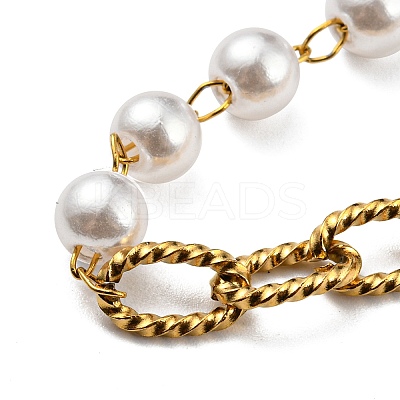Ion Plating(IP) 304 Stainless Steel Paperclip & Plastic Pearl Beaded Chain Bracelet BJEW-E088-04G-1