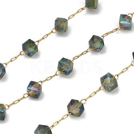 Handmade 304 Stainless Steel Glass Beads Cube Link Chains CHS-B011-04G-01-1