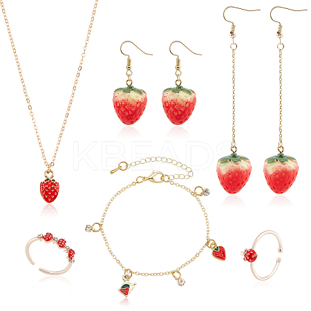 ANATTASOUL Strawberry Brass Enamel Pendant Necklace & Dangle Earrings & Open Cuff Ring & Charm Bracelet Jewelry Sets SJEW-AN0001-35-1