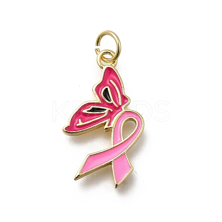 October Breast Cancer Pink Awareness Ribbon Brass Enamel Pendants LS-KK-G525-10G-03-1