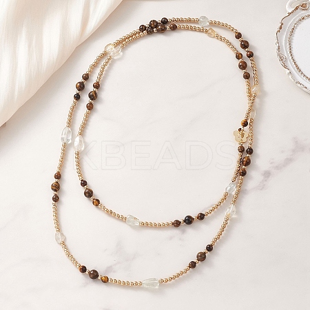 Round Natural Tiger Eye & Nuggets Topaz Beaded Wrap Long Necklaces NJEW-JN05907-01-1