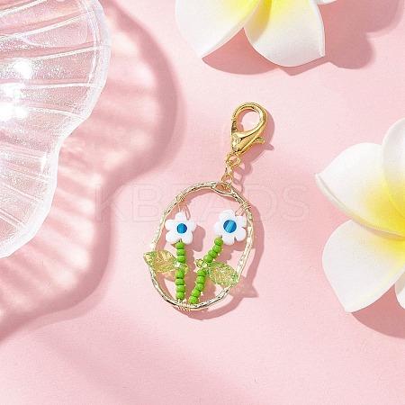 Oval with Flower Glass Seed Bead & Lampwork & Alloy Pendant Decoraitons HJEW-MZ00351-01-1