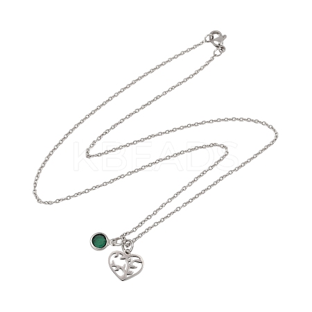 Valentine's Day 304 Stainless Steel & Green Glass Tree Heart Pendant Cable Chain Necklaces for Women NJEW-FS00014-05-1