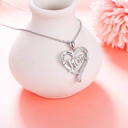 Mother's Day Brass Micro Pave Clear Cubic Zirconia I Love You Mom Heart Pendant Necklaces for Women NJEW-C085-01D-P-1