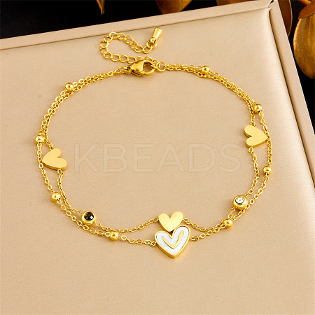 304 Stainless Steel Pave Clear and Black Cubic Zirconia & Natural White Shell Heart Pendant Double Layer Anklets for Women FS-WG8082B-01-1