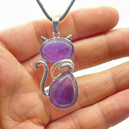 Natural Amethyst Alloy Cat Shape Pendant Necklaces KJ2639-1-1