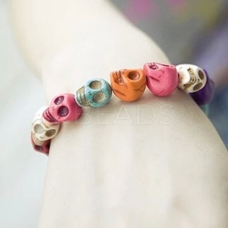 Synthetic Turquoise Skull Beaded Stretch Bracelets SKUL-PW0004-32D-1