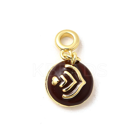 Brass Coconut Brown Enamel Flat Round with Heart European Dangle Charms KK-C113-05G-1