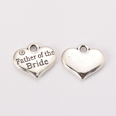 Wedding Theme Antique Silver Tone Tibetan Style Alloy Heart with Father of the Bride Rhinestone Charms TIBEP-N005-19C-1