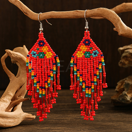 Bohemian Style Handmade Earrings with Glass Beads and Tassels QT0672-6-1