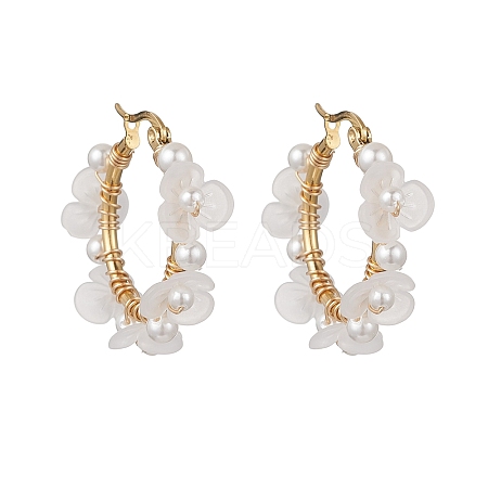 Shell Pearl & Acrylic Beaded Flower Hoop Earrings EJEW-TA00747-1