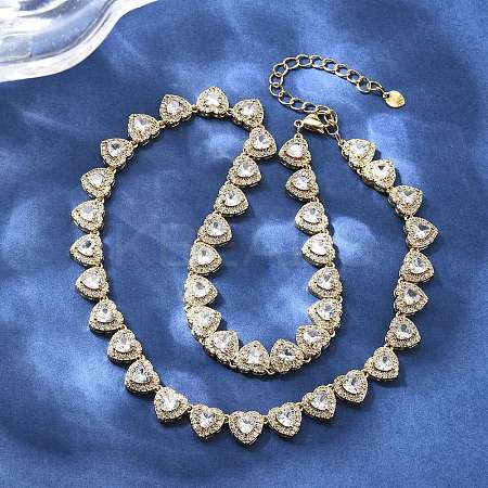Brass Clear Cubic Zirconia Heart Link Chain Necklaces for Women NJEW-H057-02G-1