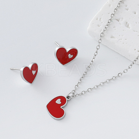 304 Stainless Steel Enamel Heart Pendant Necklace & Stud Earrings Set for Women AP1846-2-1
