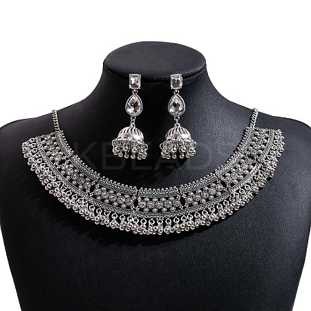 Teardrop Ethnic Style Alloy Glass Rhinestone Bib Necklaces & Dangle Earrings Sets FS-WG130A9-03-1