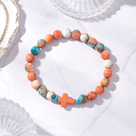 Dyed Synthetic Ocean White Jade & Turquoise Beaded Stretch Bracelets for Men Women BJEW-JB12372-03-1