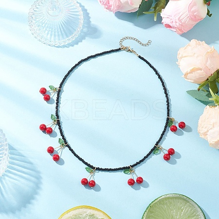 Natural Dyed Mashan Jade Red Cherry Pendant Glass Seed Beaded Necklaces for Women NJEW-TA00211-02-1