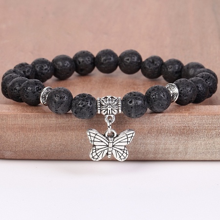 8MM Round Natural Lava Rock Beaded Stretch Bracelets with Alloy Butterfly Charms FQ7211-6-1