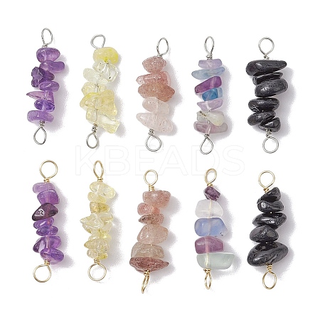 10Pcs 5 Styles Constellation Natural Strawberry Quartz & Amethyst & Obsidian & Fluorite & Rose Quartz Copper Wire Wrapped Chip Beaded Connector Charms PALLOY-JF02905-02-1