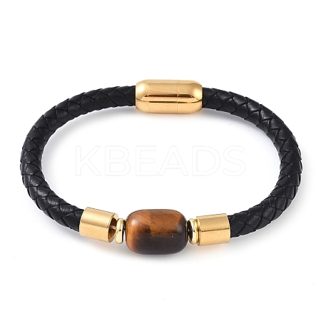 Column Natural Tiger Eye Bead Leather Cord Bracelets BJEW-A009-03G-1