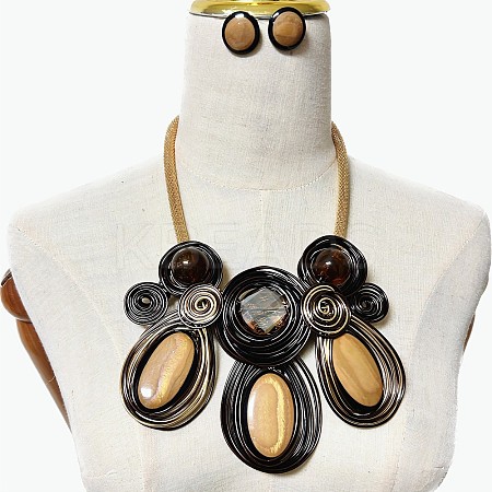 Aluminum Wire Wrapped Resin Beaded Oval Pendant Necklaces & Flat Round Stud Earrings Sets WG92AA6-01-1