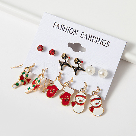 6 Pairs Christmas Zinc Alloy Enamel & Rhinestone & Plastic Pearl Dangle Earring & Stud Earring Sets FS-WGCB662-05-1