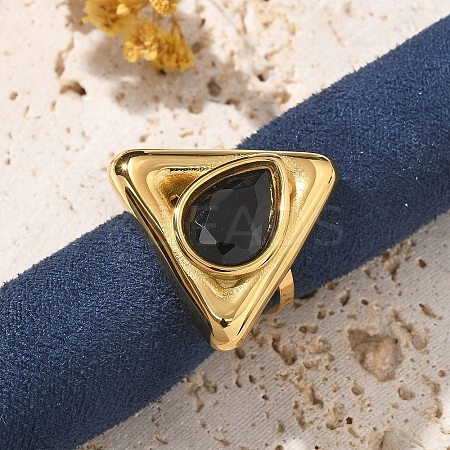 Triangle 304 Stainless Steel Rhinestone Open Cuff Rings for Women RJEW-M048-03P-1
