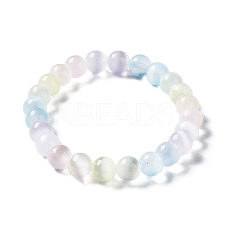 Macaron Color Dyed Natural Selenite Round Beaded Stretch Bracelet LS-BJEW-D024-01A-1