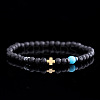 Natural Lava Rock & Synthetic Turquoise Round & Synthetic Non-magnetic Hematite Corss Beaded Stretch Bracelets LS-SL0705-1