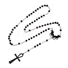 Alloy and Iron Ankh Cross Heart with Bat Wings Pendant Black Round Acrylic Rosary Bead Necklaces NJEW-D335-01BP-4