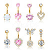 8Pcs 8 Styles 316L Surgical Stainless Steel Cubic Zirconia Heart Butterfly Curved Barbell Belly Rings Sets WG47019-01-4