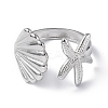304 Stainless Steel Shell with Starfish Open Cuff Ring for Women RJEW-C046-03P-2