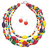 Bohemian Style Wood Barrel & Cube & Flat Round Beaded Multilayer Necklaces & Dangle Earrings Sets FS-WG5D833-01-4