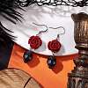Halloween Synthetic Coral Red Flower & Synthetic Turquoise Black Skull Dangle Earrings EJEW-JE06069-S-1