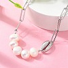 304 Stainless Steel Shell & Natural Pearl Beads Paperclip Chain Necklaces for Women NJEW-A045-17P-2