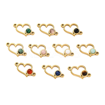 Ion Plating(IP) 304 Stainless Steel Pave Natural Mixed Stone Heart Connector Charms STAS-Z100-14G-1