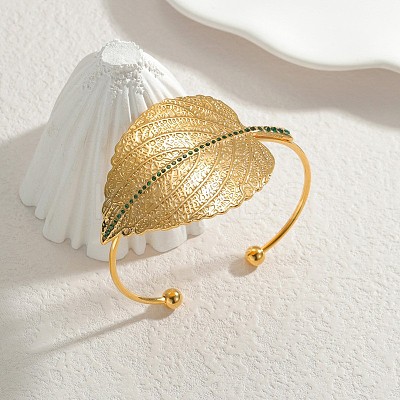 Leaf 304 Stainless Steel Cuff Bangles BJEW-V009-02G-1