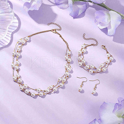Round ABS Plastic Imitation Pearl Beads Necklace & Bracelet & Dangle Earring Sets for Women SJEW-JS01306-1