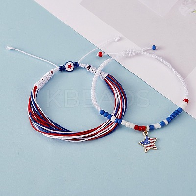 2Pcs 2 Color Alloy Enamel Star Charms Braided Bead Bracelet BJEW-SW00046-1