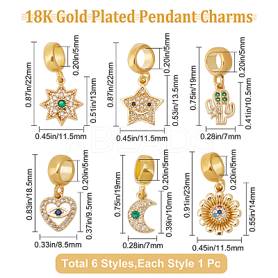 6Pcs 6 Style Brass Cubic Zirconia European Dangle Charms KK-BBC0001-92-1