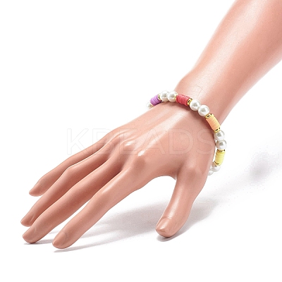 Polymer Clay Heishi & Glass Pearl & Brass Beaded Stretch Bracelet for Women BJEW-JB08754-1