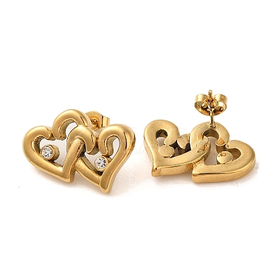 Double Heart 304 Stainless Steel Rhinestone Stud Earrings for Women EJEW-U003-13G-1
