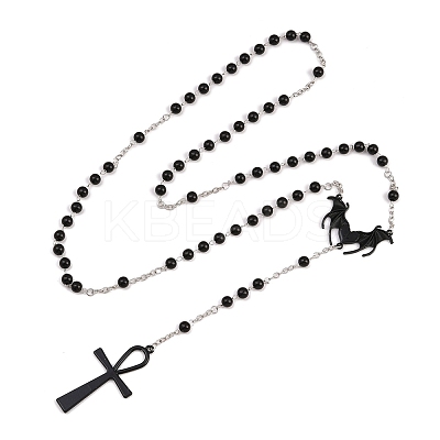 Alloy and Iron Ankh Cross Heart with Bat Wings Pendant Black Round Acrylic Rosary Bead Necklaces NJEW-D335-01BP-1