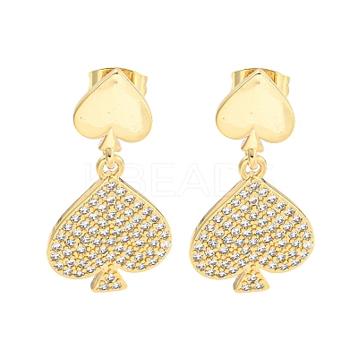 Spades Brass Pave Clear Cubic Zirconia Dangle Stud Earrings EJEW-M258-33G-1
