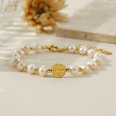 Natural Pearl and Gold Bead Women's Bracelets with Flat Round with Saint Charms QK8220-5-1