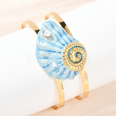 Shell Shape 304 Stainless Steel Enamel Cuff Bangles for Women LS-BJEW-A049-04A-G-1