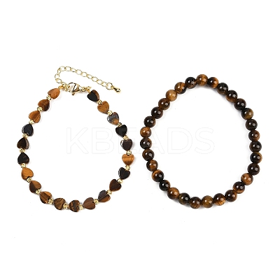 Natural Tiger Eye Beaded Bracelets Set for Women BJEW-G752-02G-06-1