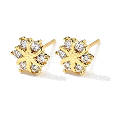 Flower Brass Micro Pave Clear Cubic Zirconin Stud Earrings EJEW-D318-10G-1