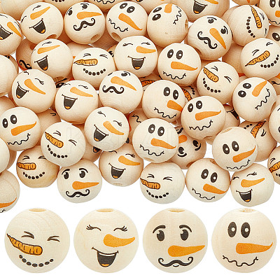 80Pcs 4 Styles Snowman Theme Printed Wood European Beads WOOD-PH0003-04B-1
