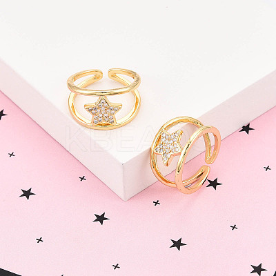 Brass Micro Pave Clear Cubic Zirconia Cuff Rings for Women KK-T074-21G-1